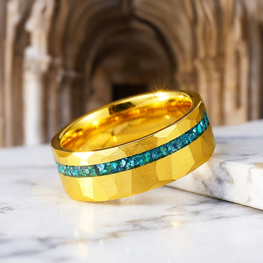 Veridian Hammered Gold Teal Inlay Tungsten Carbide Ring - Ring | Singapore Jewellery, Wedding Rings &amp; Gifts | Same Day Delivery | Tiara.com.sg