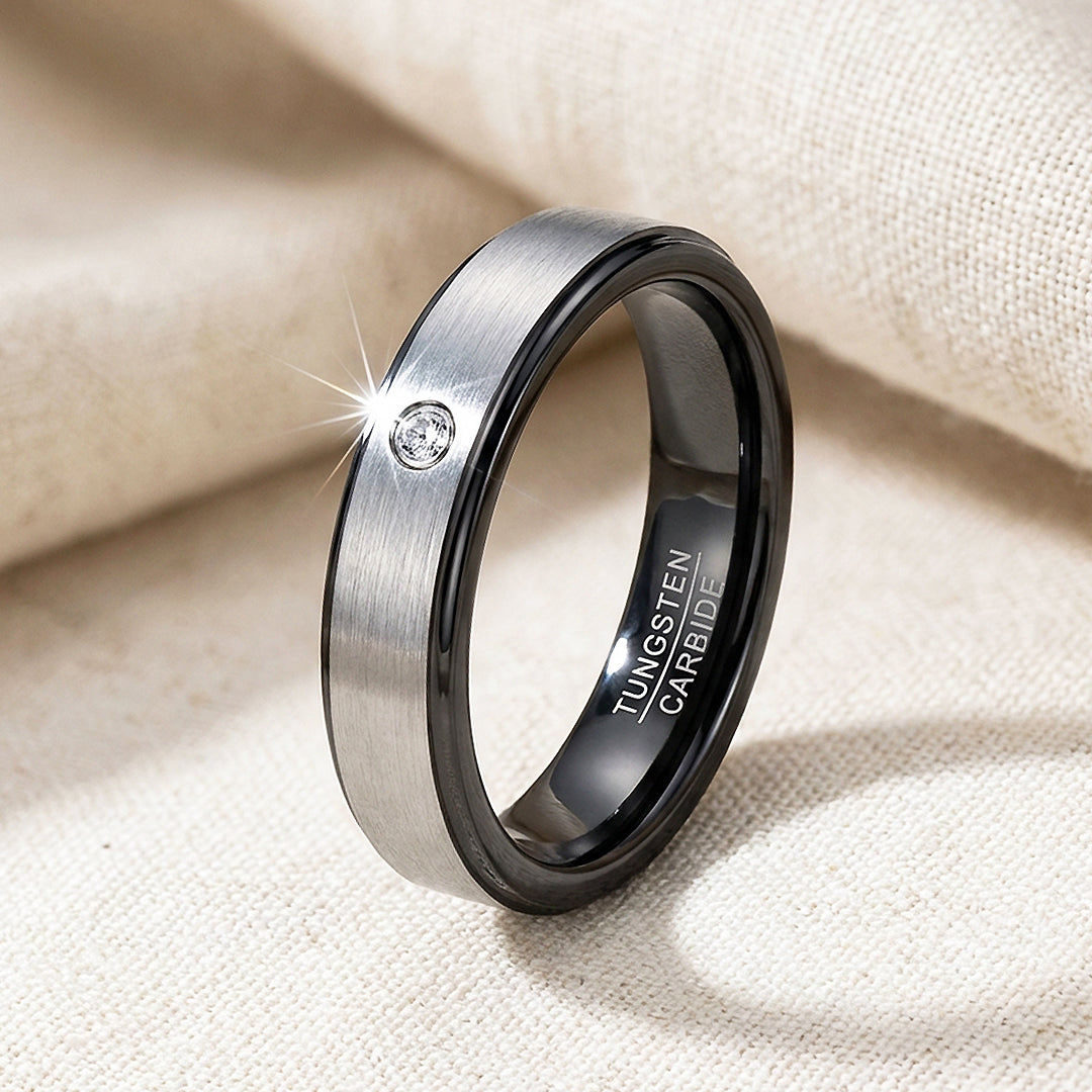 Yoda Brushed Solitaire Black Edge Tungsten Carbide Ring - Ring | Singapore Jewellery, Wedding Rings & Gifts | Same Day Delivery | Tiara.com.sg