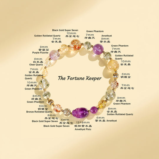 Golden Rutilated Quartz &amp; Black Gold Super Seven Prosperity Natural Crystal Bracelet | C186