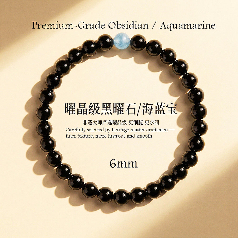Obsidian & Aquamarine Healing Natural Crystal Bracelet | C260