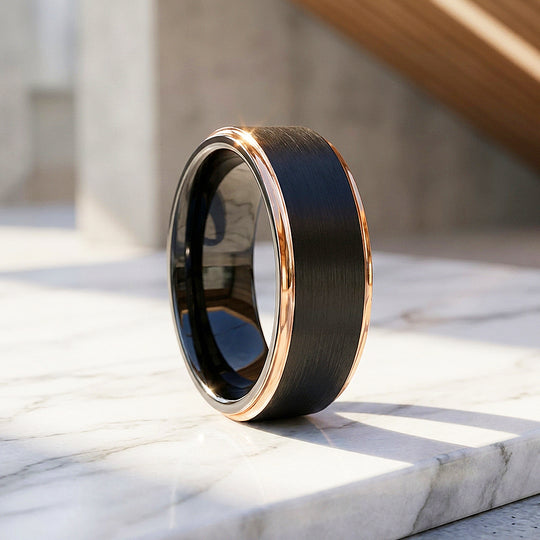Fedor | Brushed Black and Rose Gold Tungsten Carbide | Men&