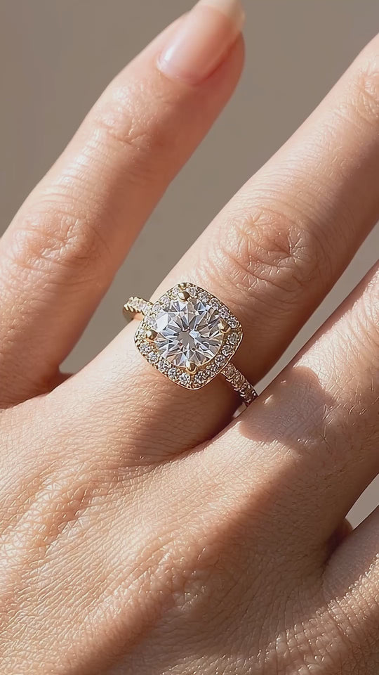 Cushion Halo Moissanite Gold Ring | 925 Sterling Silver | PRM7173
