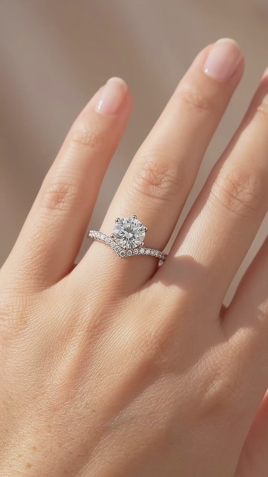 Chevron Halo Round Solitaire Ring | 1.00ct | Moissanite | 925 Sterling Silver | Prm7170