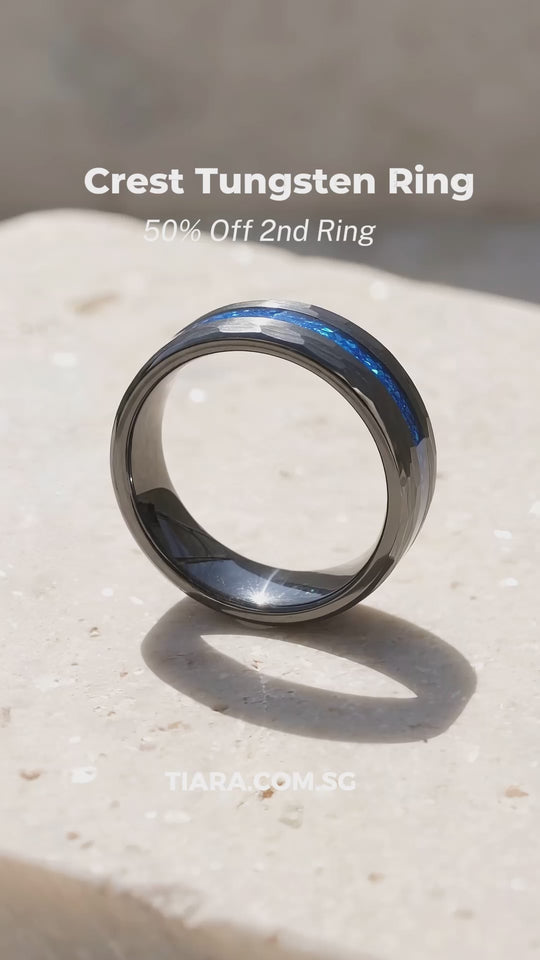Crest | IP Black Hammered Blue Opal Inlay Tungsten Carbide | Men&