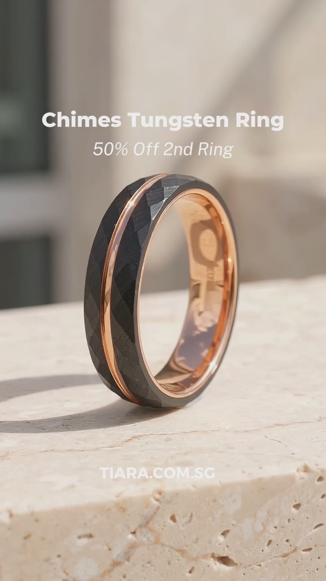 Chimes | Hammered Black and Rose Gold Grooved Faceted Tungsten Carbide