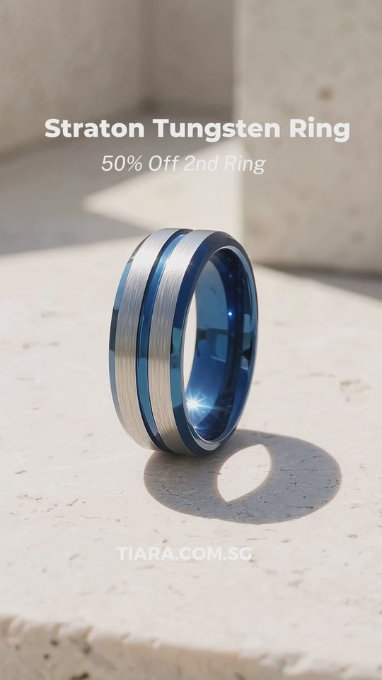 Straton | Brushed Silver &amp; Blue Two-Tone Groove Tungsten Carbide  | Men&