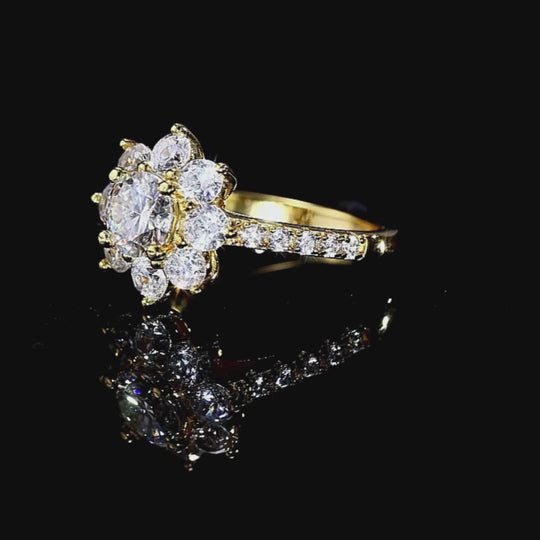 Sunflower Round Halo Ring | 1.00ct | Moissanite | 18K Gold Plated 925 Sterling Silver | Prm7160