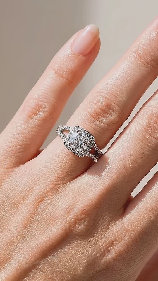 Brilliant Cushion Halo Moissanite Ring | 925 Sterling Silver | PRM7124