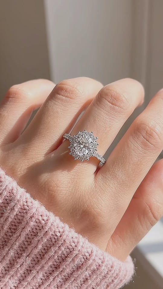 Oval Cut Halo Moissanite Ring | 925 Sterling Silver | PRM7134