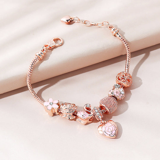 Luxe6082 - Rose Heart & Swan Charm Bracelet Bracelet - Tiara.com.sg Singapore Jewelry Shop